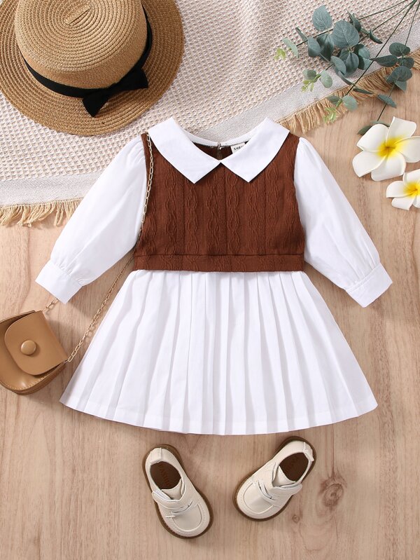 Baby Girl 2 In 1 Peter Pan Collar Pleated Hem Dress