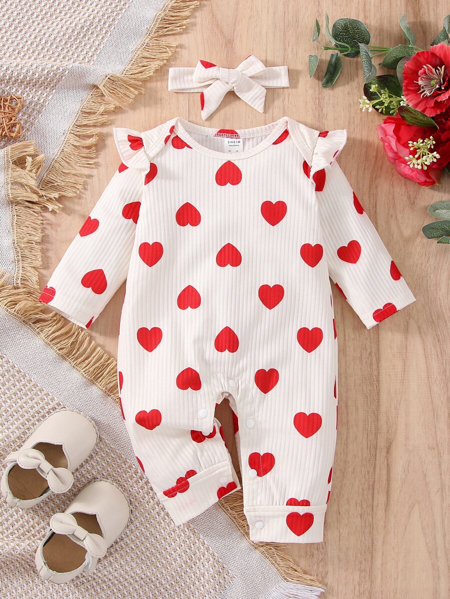 Baby Girl Heart Print Ruffle Trim Jumpsuit With Headband - Beige - View 1
