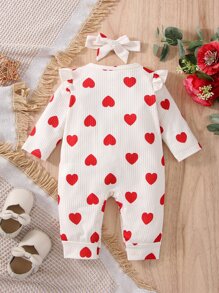 Baby Girl Heart Print Ruffle Trim Jumpsuit With Headband - Beige - View 2