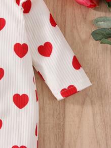 Baby Girl Heart Print Ruffle Trim Jumpsuit With Headband - Beige - View 5