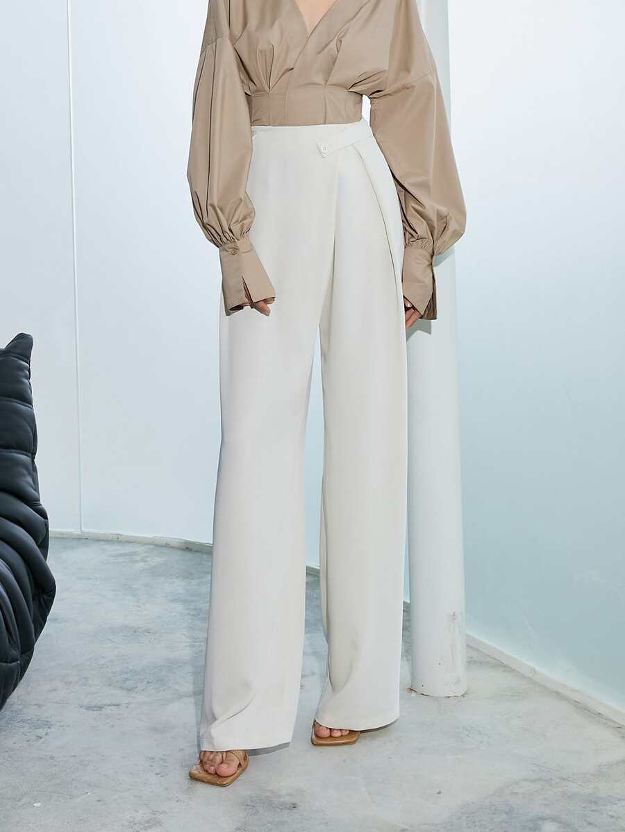 Solid High Waist Plicated Detail Trousers - White - View 1
