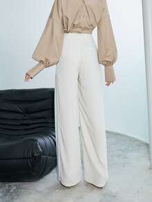 Solid High Waist Plicated Detail Trousers - White - View 2