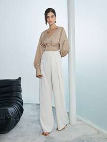 Solid High Waist Plicated Detail Trousers - White - View 4