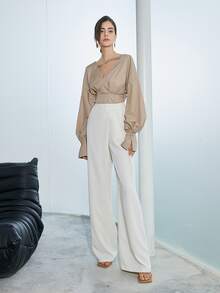 Solid High Waist Plicated Detail Trousers - White - View 5