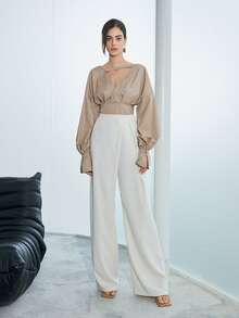 Solid High Waist Plicated Detail Trousers - White - View 6