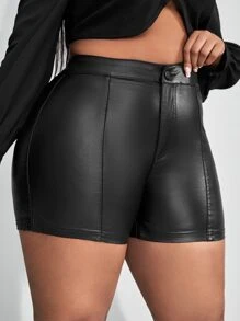 SHEIN Unity 高腰加大碼緊身短褲女夏季純色短褲 - 黑色 - 查看 4