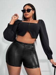 SHEIN Unity 高腰加大碼緊身短褲女夏季純色短褲 - 黑色 - 查看 3