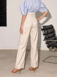 女士纯色直筒高腰休闲长裤，春夏季商务休闲 - 米色 - 查看 2