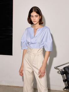 女士纯色直筒高腰休闲长裤，春夏季商务休闲 - 米色 - 查看 3