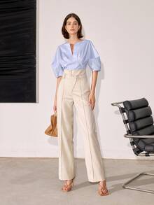 女士纯色直筒高腰休闲长裤，春夏季商务休闲 - 米色 - 查看 4