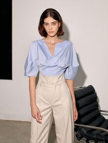 女士纯色直筒高腰休闲长裤，春夏季商务休闲 - 米色 - 查看 5