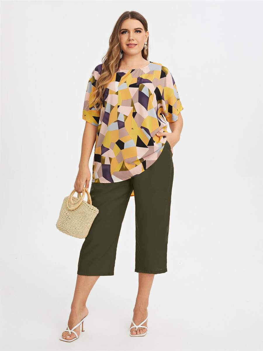 Mulvari Plus Geo Print Tunic Blouse With Pants - Multicolor - View 1