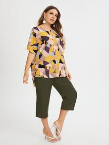 Mulvari Plus Geo Print Tunic Blouse With Pants - Multicolor - View 3