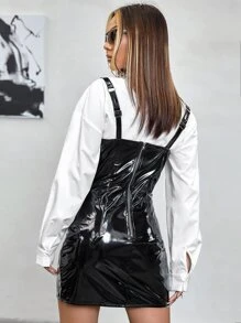 SHEIN ICON Zipper Split Hem PU Overall Dress Without Tee - Black - View 4