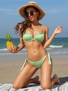 Frill Trim V Wired Summer Beach Bikini Set - Lime Green - View 6