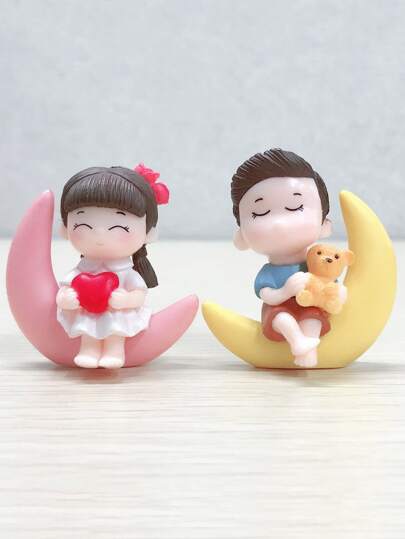 2pcs/Set Couple & Moon Pattern Decoration Craft, Small Cartoon Decorative Object For Home Decor Best Gifts Birthday Graduation