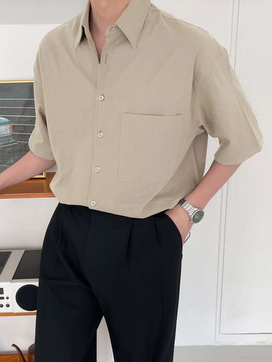 DAZY Men Patched Pocket Drop Shoulder Shirt Business Attire - Khaki - View 1