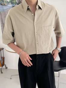 DAZY Men Patched Pocket Drop Shoulder Shirt Business Attire - Khaki - View 3