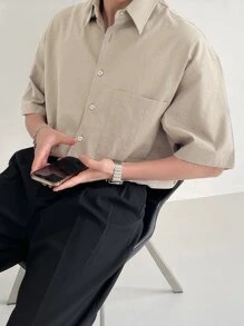 DAZY Men Patched Pocket Drop Shoulder Shirt Business Attire - Khaki - View 6