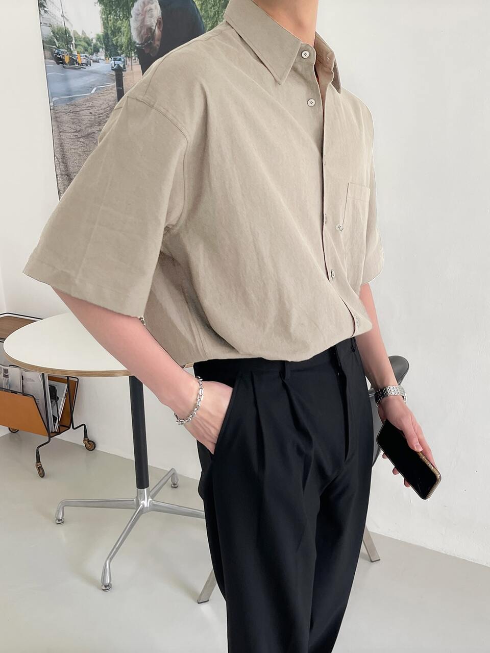 Men Patched Pocket Drop Shoulder Shirt Business Attire
