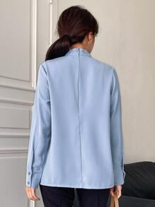 DAZY Solid Tie Neck Zipper Back Shirt Office Wear - Blue - View 2