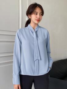 DAZY Solid Tie Neck Zipper Back Shirt Office Wear - Blue - View 3