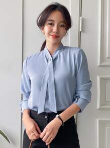 DAZY Solid Tie Neck Zipper Back Shirt Office Wear - Blue - View 5