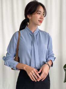 DAZY Solid Tie Neck Zipper Back Shirt Office Wear - Blue - View 6