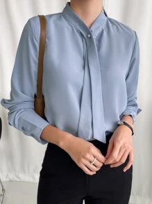 DAZY Solid Tie Neck Zipper Back Shirt Office Wear - Blue - View 7