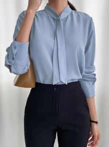 DAZY Solid Tie Neck Zipper Back Shirt Office Wear - Blue - View 8