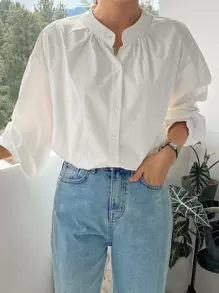 DAZY 纯色落肩衬衫，秋季服装，返校服装长袖上衣 - 白色 - 查看 1