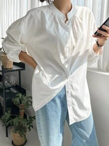 DAZY 纯色落肩衬衫，秋季服装，返校服装长袖上衣 - 白色 - 查看 4