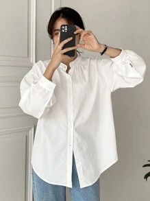 DAZY 纯色落肩衬衫，秋季服装，返校服装长袖上衣 - 白色 - 查看 5