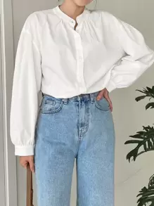 DAZY 纯色落肩衬衫，秋季服装，返校服装长袖上衣 - 白色 - 查看 6