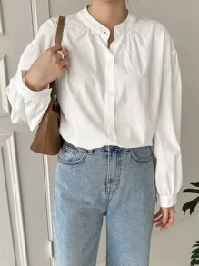 DAZY 纯色落肩衬衫，秋季服装，返校服装长袖上衣 - 白色 - 查看 7
