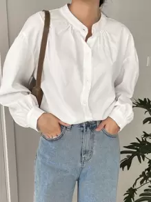 DAZY 纯色落肩衬衫，秋季服装，返校服装长袖上衣 - 白色 - 查看 8