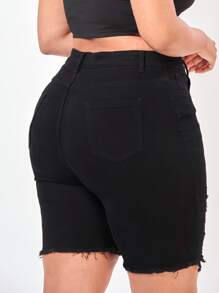 SHEIN Essnce 大碼高腰毛邊緣牛仔短褲 - 黑色 - 查看 2