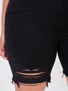 SHEIN Essnce 大碼高腰毛邊緣牛仔短褲 - 黑色 - 查看 5