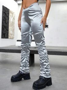 SHEIN ICON Pantalones 90s de talle alto fruncido - Plateado - Ver 5