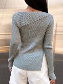 DAZY Autumn/Winter Asymmetrical Asymmetric Shoulder Design Ribbed Slim Fit Split Hem Long Sleeve Sweater - Grey - View 2