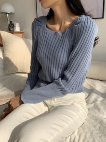 DAZY Square Neck Raglan Sleeve Ribbed Knit Jumper - Dusty Blue - View 2