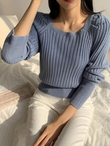 DAZY Square Neck Raglan Sleeve Ribbed Knit Jumper - Dusty Blue - View 3