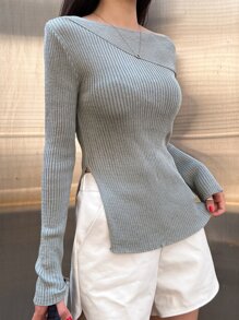 DAZY Autumn/Winter Asymmetrical Asymmetric Shoulder Design Ribbed Slim Fit Split Hem Long Sleeve Sweater - Grey - View 4