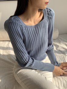 DAZY Square Neck Raglan Sleeve Ribbed Knit Jumper - Dusty Blue - View 4