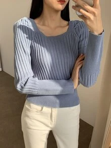 DAZY Square Neck Raglan Sleeve Ribbed Knit Jumper - Dusty Blue - View 5