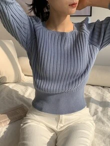 DAZY Square Neck Raglan Sleeve Ribbed Knit Jumper - Dusty Blue - View 6