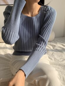 DAZY Square Neck Raglan Sleeve Ribbed Knit Jumper - Dusty Blue - View 7