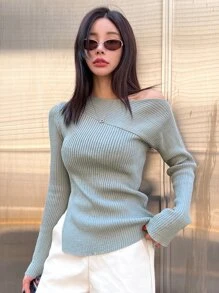 DAZY Autumn/Winter Asymmetrical Asymmetric Shoulder Design Ribbed Slim Fit Split Hem Long Sleeve Sweater - Grey - View 8