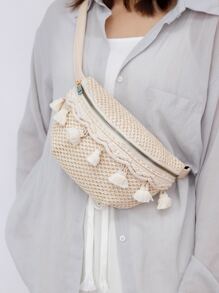 Bolsa de mimbre con diseño de fleco - Beis - Ver 5