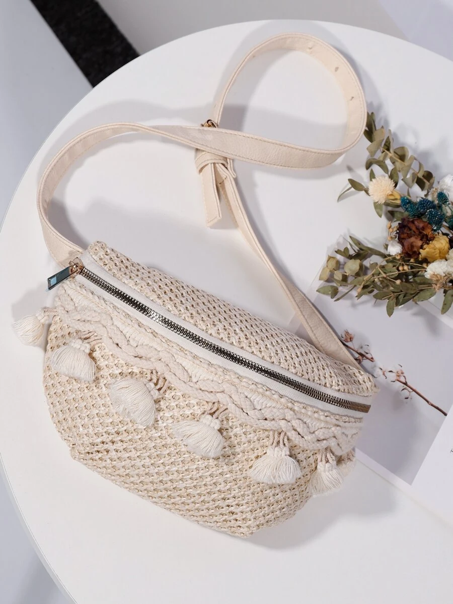 Bolsa de mimbre con diseño de fleco - Beis - Ver 1